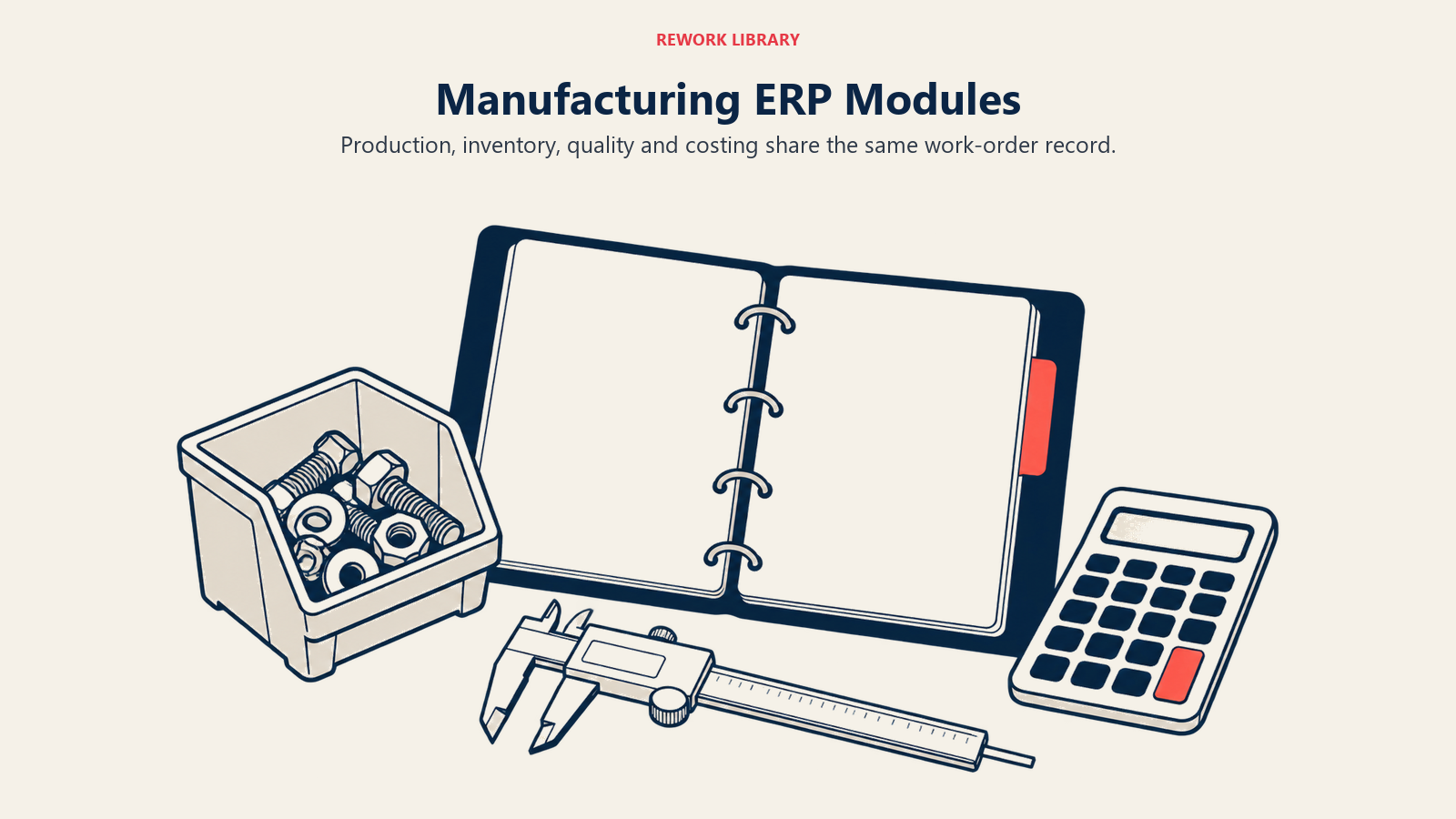 Manufacturing ERP modules linked by a shared work-order binder with parts, caliper and calculator