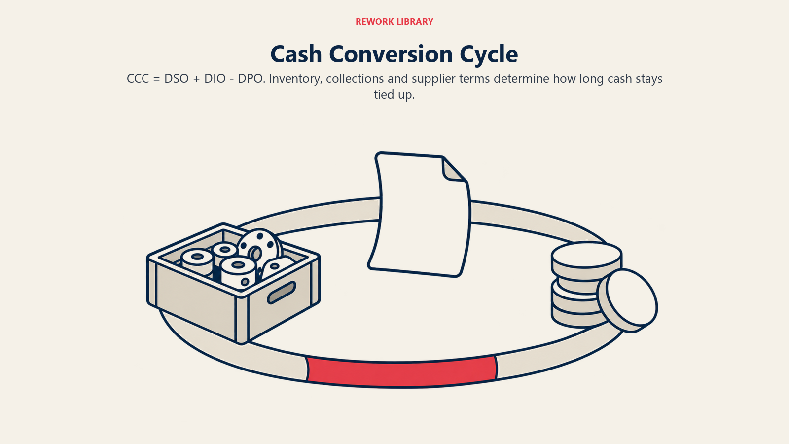 Cash conversion cycle linking inventory, customer invoice and collected cash