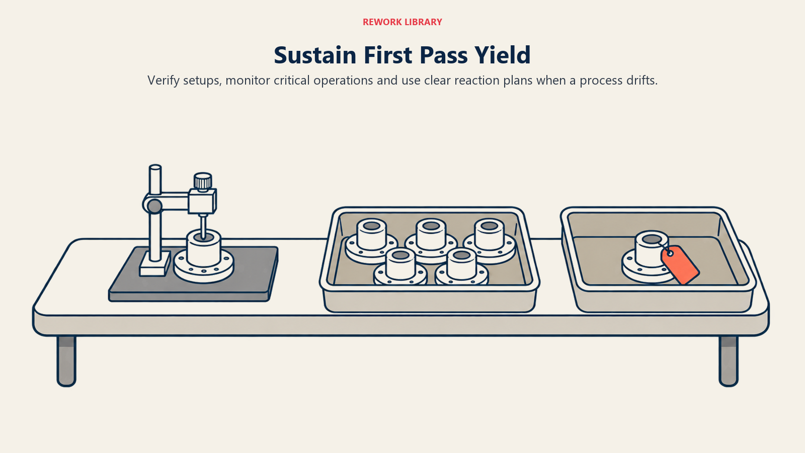 First-pass-yield control bench with inspection gauge, accepted parts and separate quarantine tray