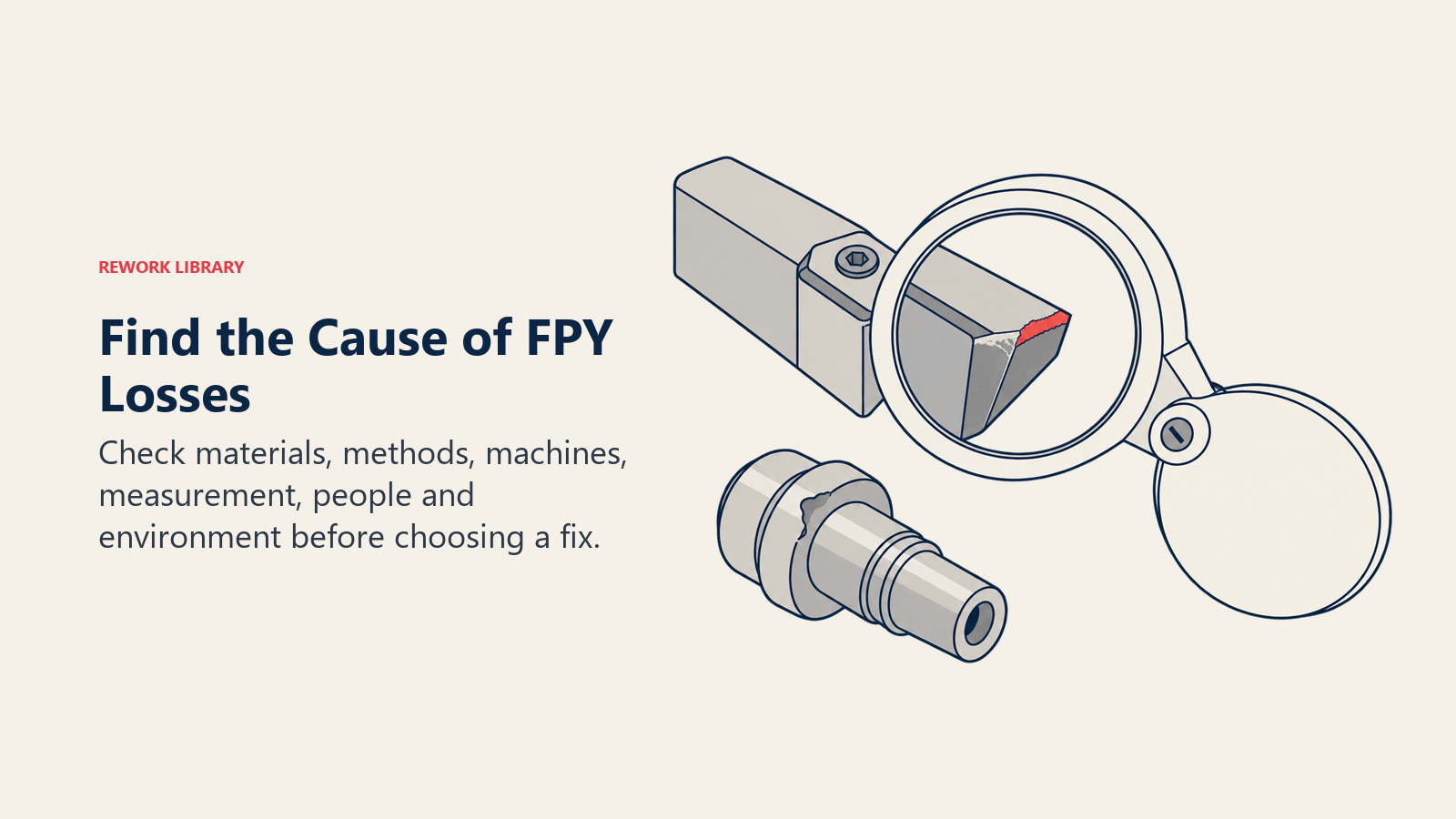 Root cause of first-pass-yield loss shown as a worn tool edge under an inspection loupe