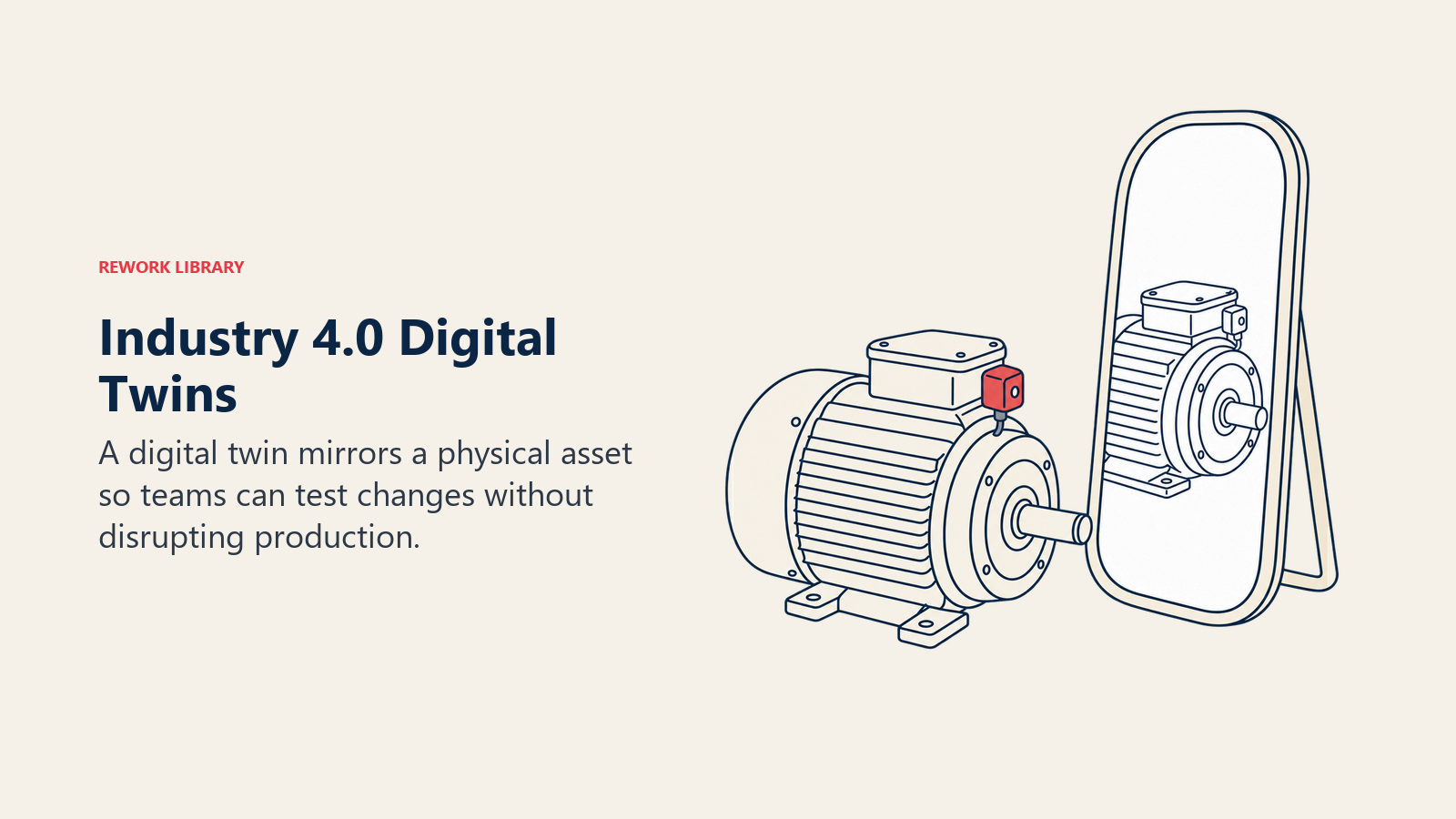 Industry 4.0 digital twin shown as a physical motor mirrored by a virtual outline