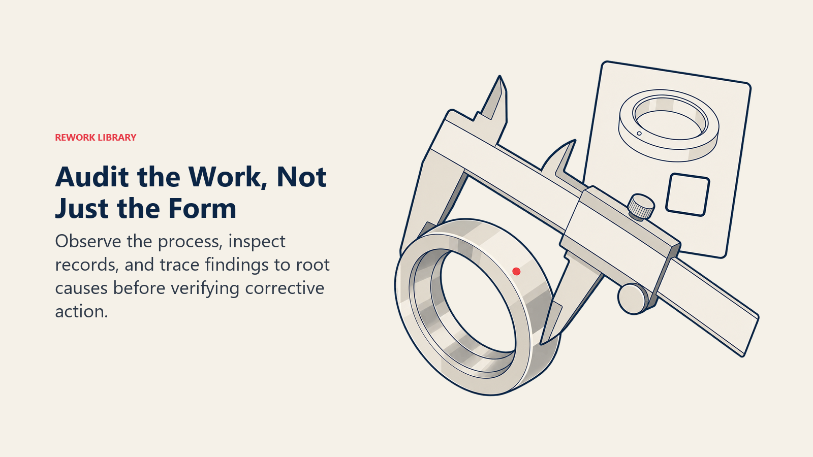 A caliper checks a machined ring against an inspection record, linking internal audit findings to physical evidence
