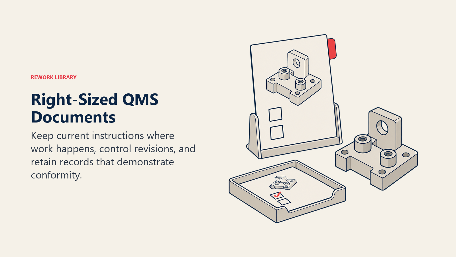 A current visual work instruction beside its matching fixture and a retained inspection record illustrates controlled QMS documentation