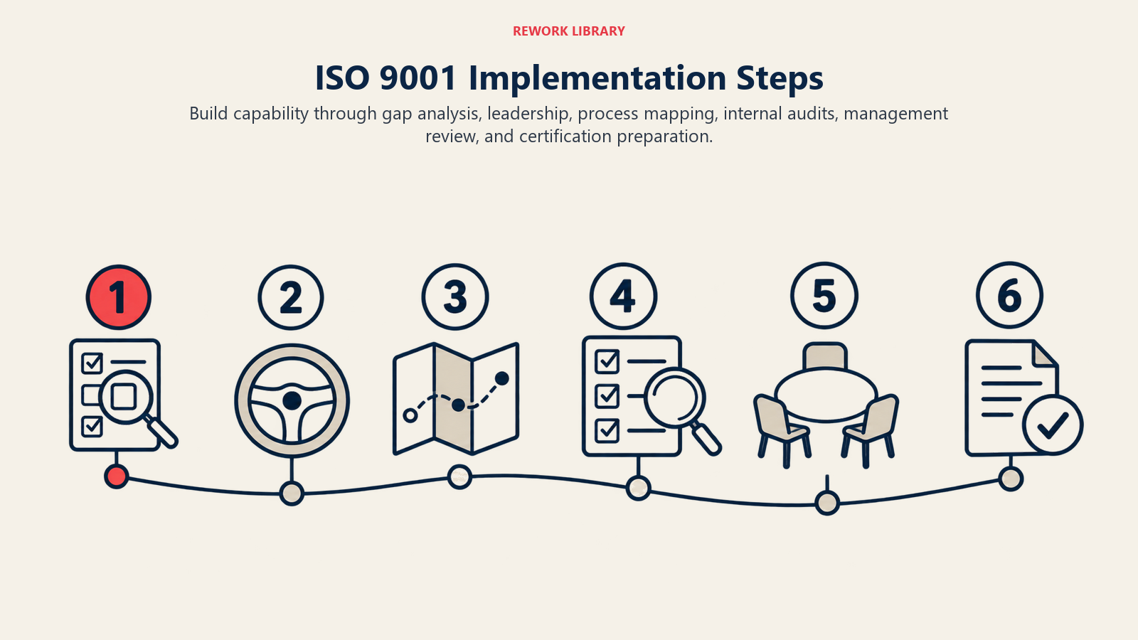 Six ISO 9001 implementation milestones progress from gap analysis and leadership through process mapping, audits, management review and certification preparation