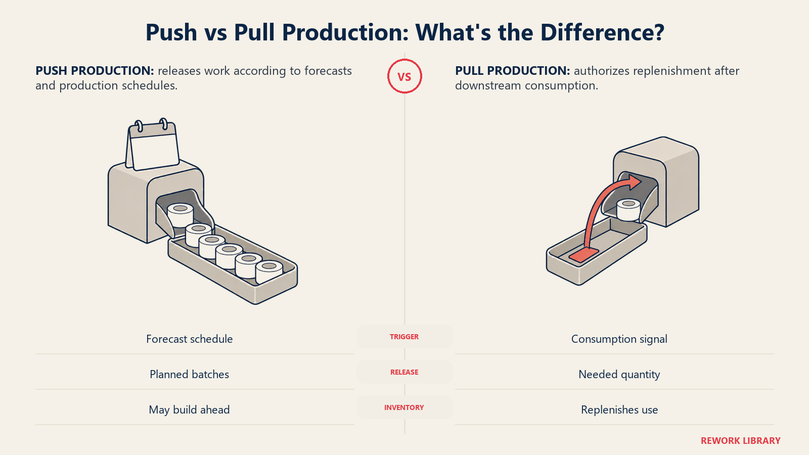 Push production accumulates scheduled parts while pull production waits for a downstream consumption card to authorize replenishment