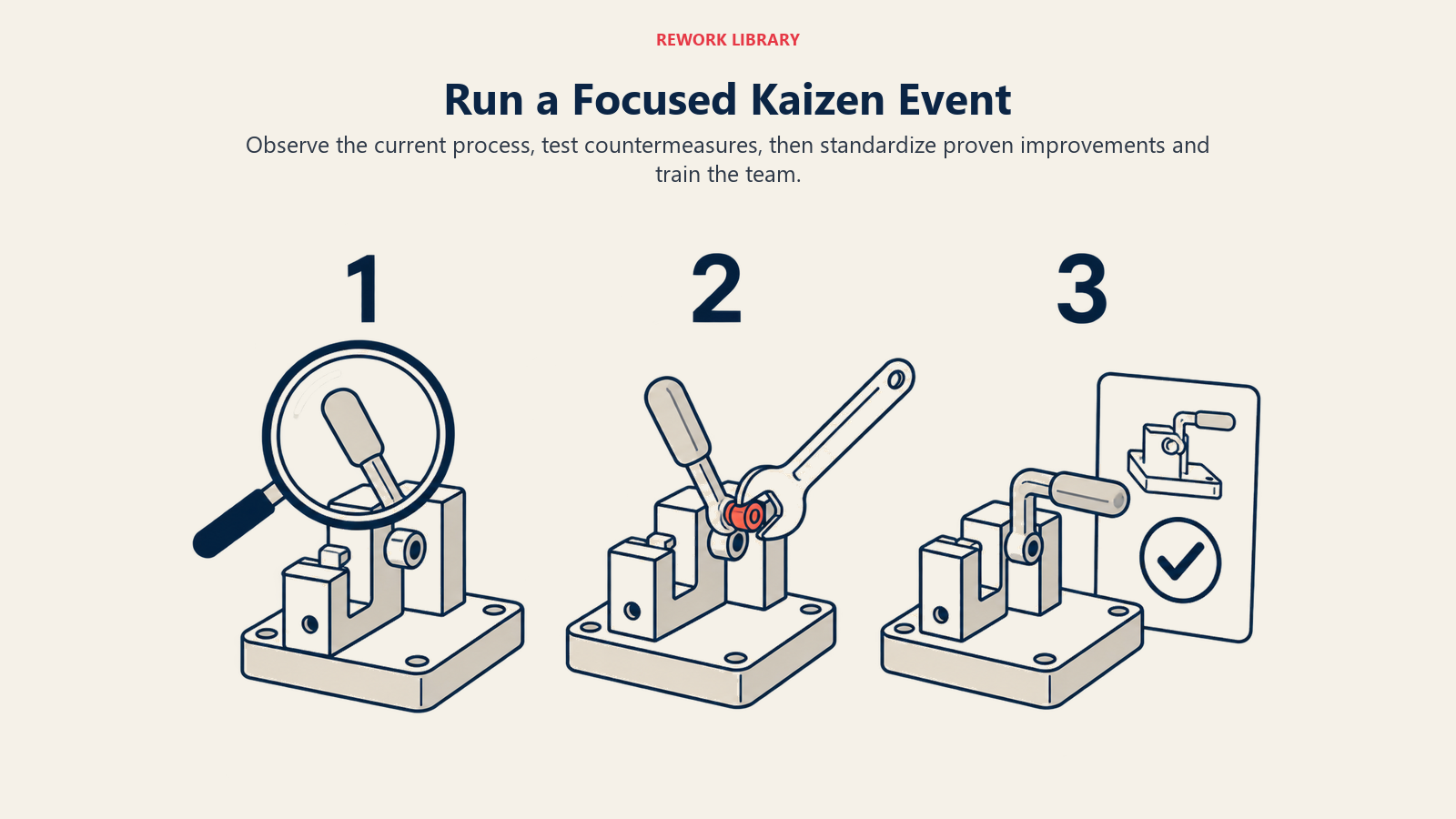 A Kaizen event observes a fixture, tests a handle adjustment, then records and standardizes the improved setup