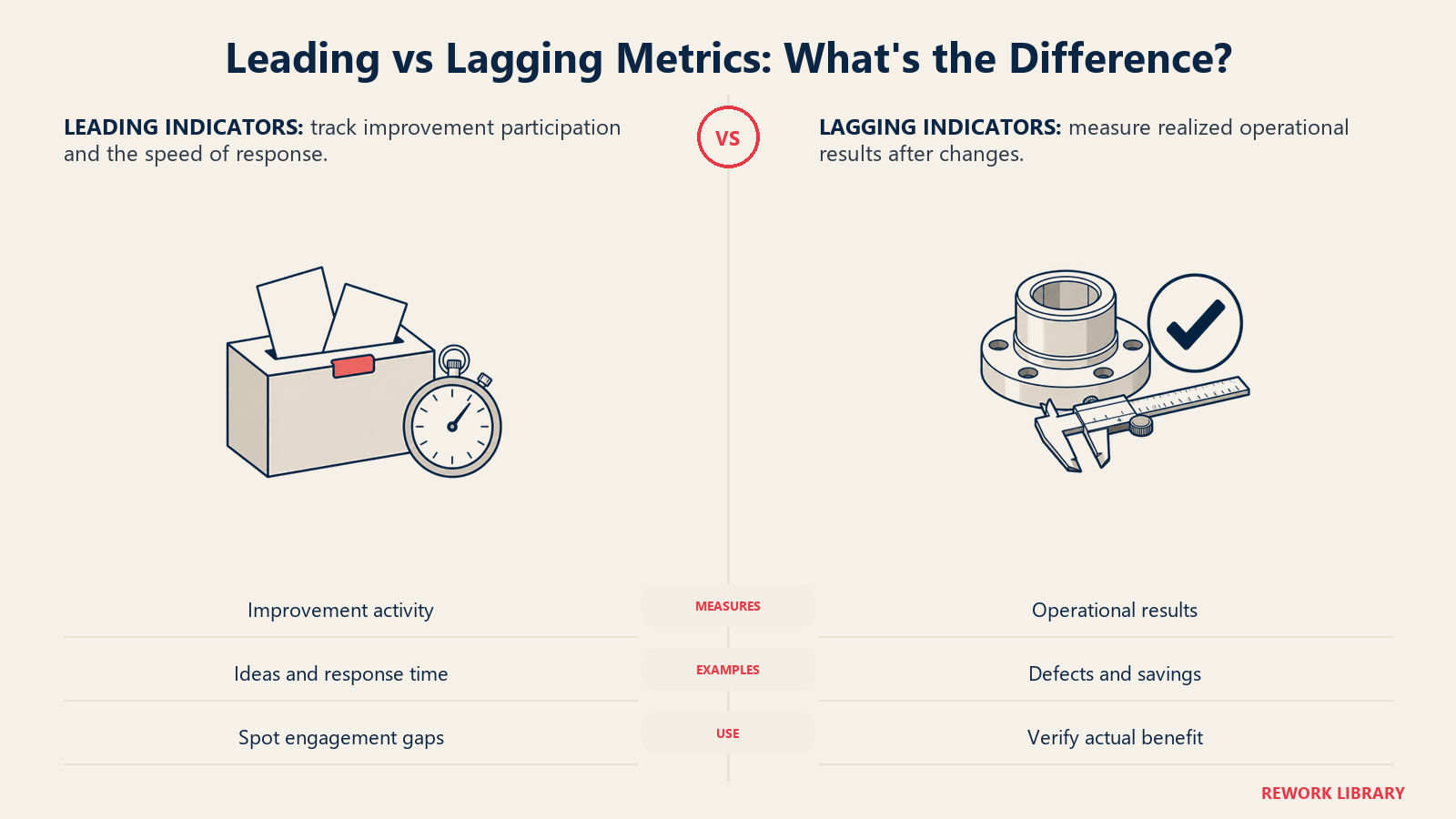Leading Kaizen measures use idea submissions and response time; lagging measures verify the quality of completed work