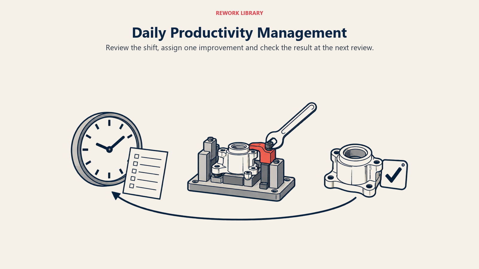 Daily productivity management loop linking shift review, a targeted workbench adjustment and verified output