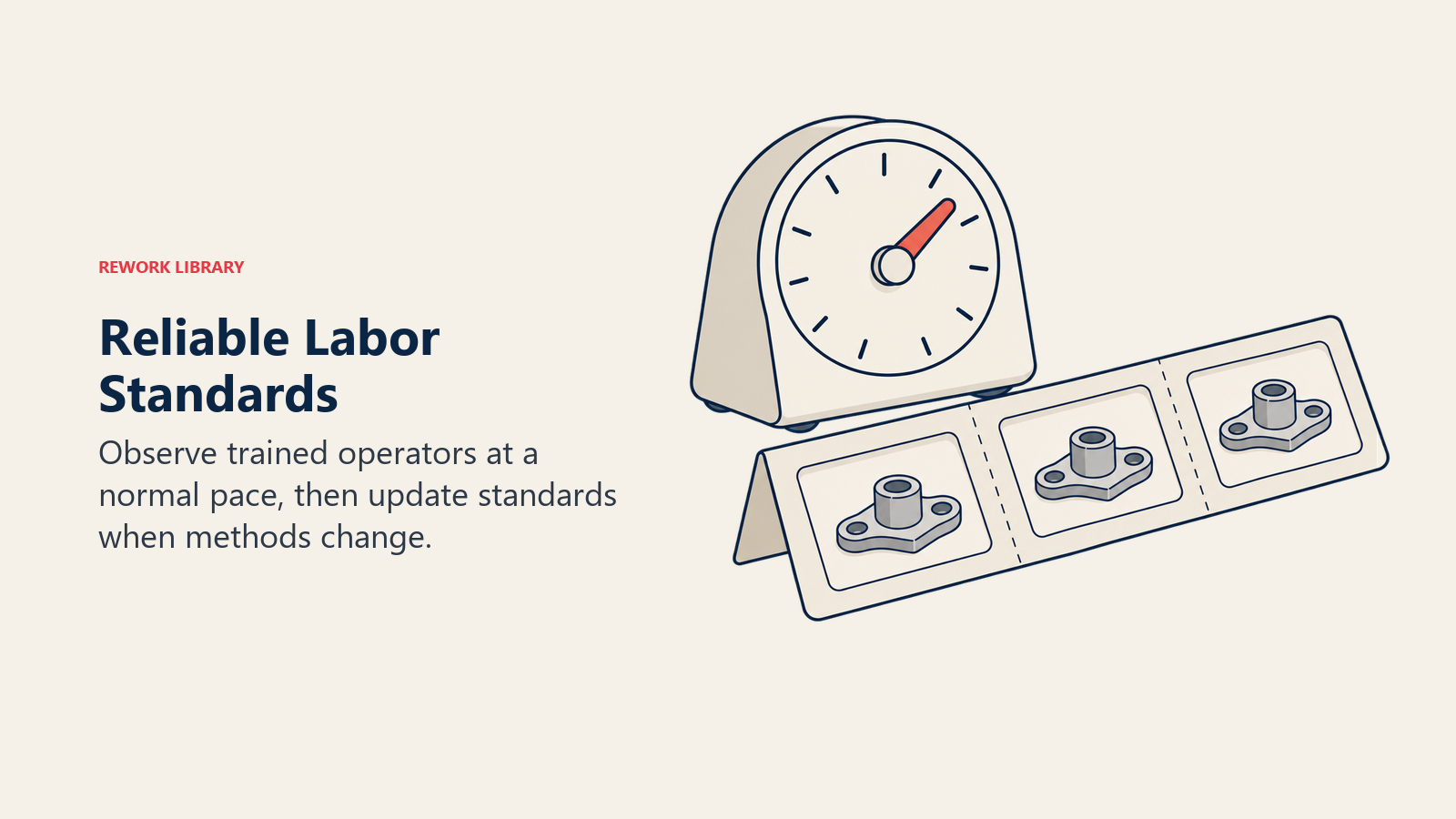 Reliable labor standards represented by a mechanical timer beside repeated assembly-cycle sample trays