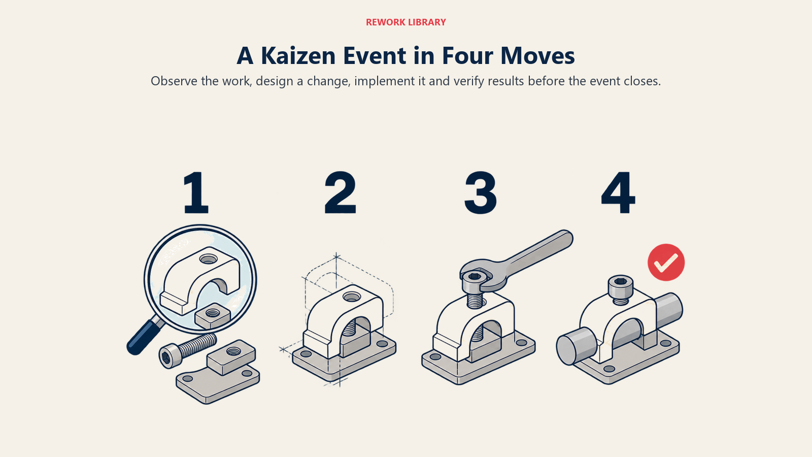 Kaizen event sequence from process observation through design and fixture adjustment to verified output