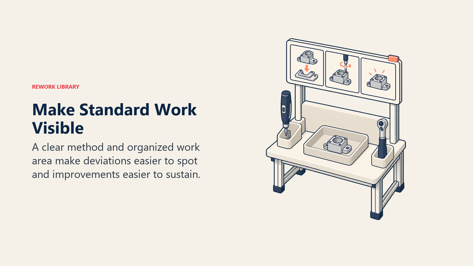 Standard work station with tools in fixed positions, one work-in-process tray and a visual method holder