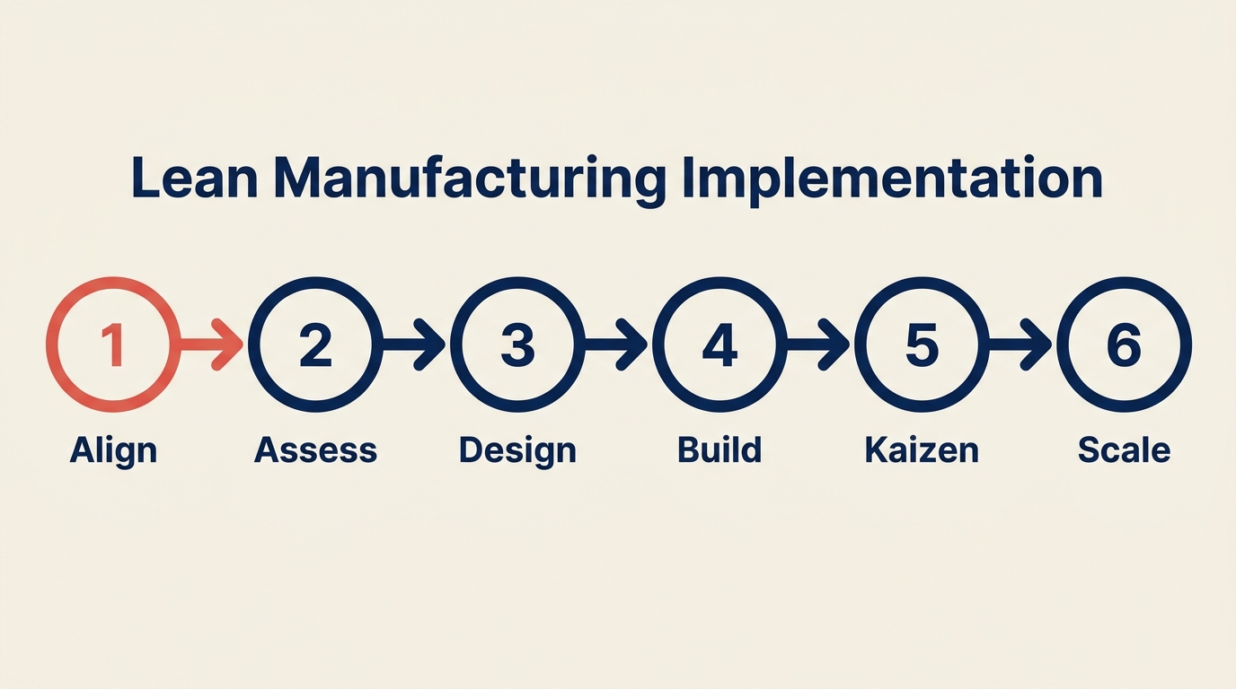 Lean manufacturing implementation roadmap showing phases from alignment to continuous improvement