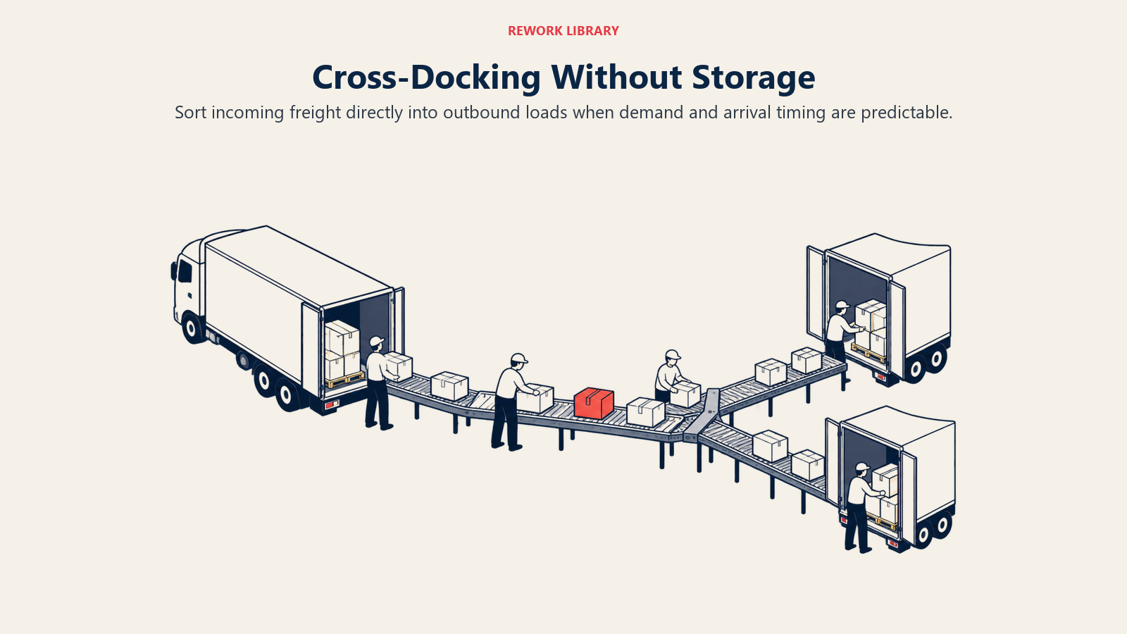Cross-docking terminal moving inbound cartons directly to two outbound loads without storage racks