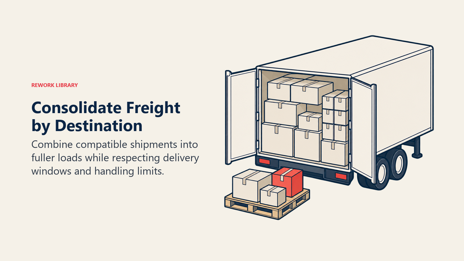 Freight consolidation shown as compatible cartons grouped into a fuller truck load