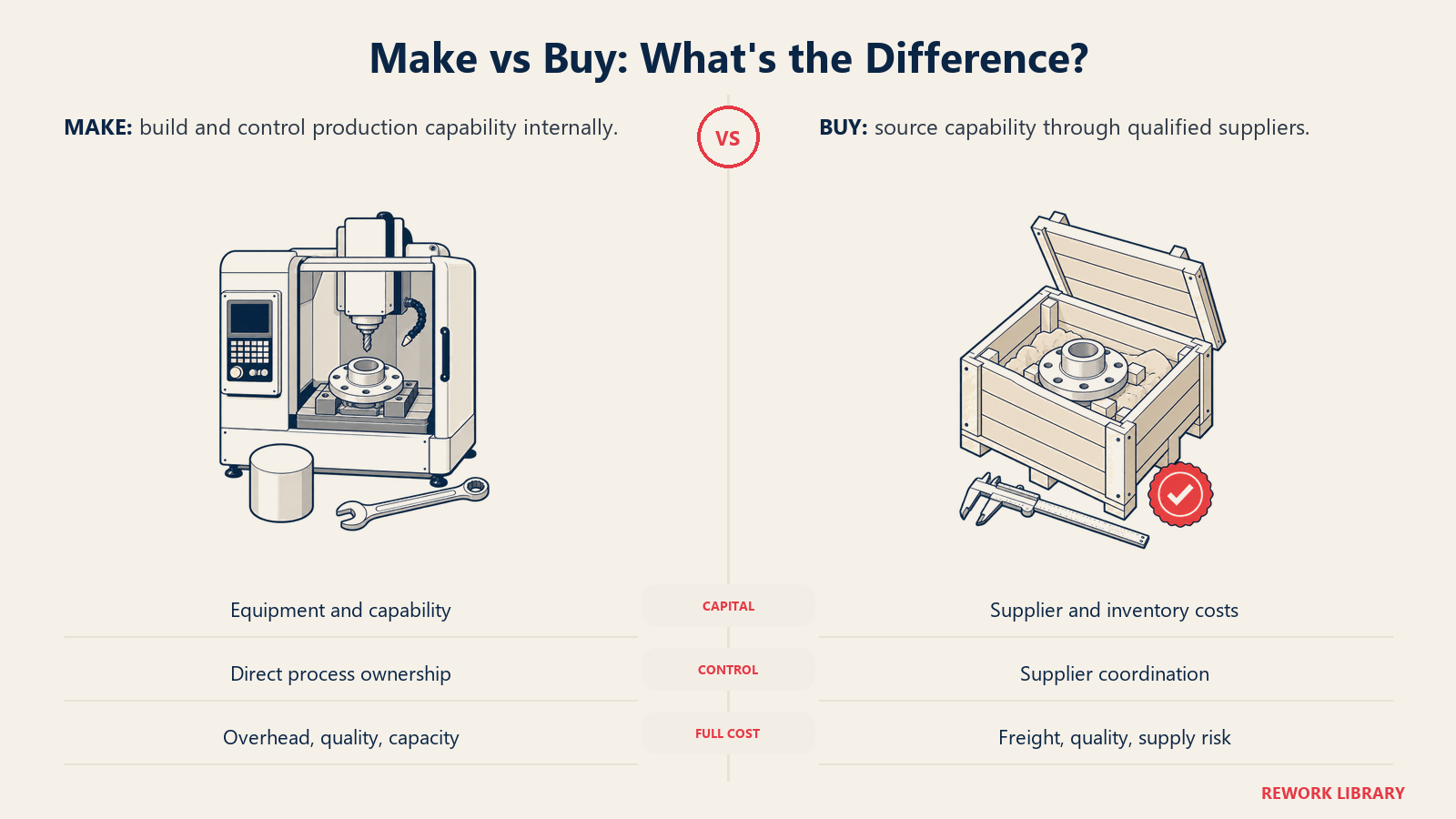 Make versus buy comparison with an owned production fixture and a supplier delivery crate producing the same component