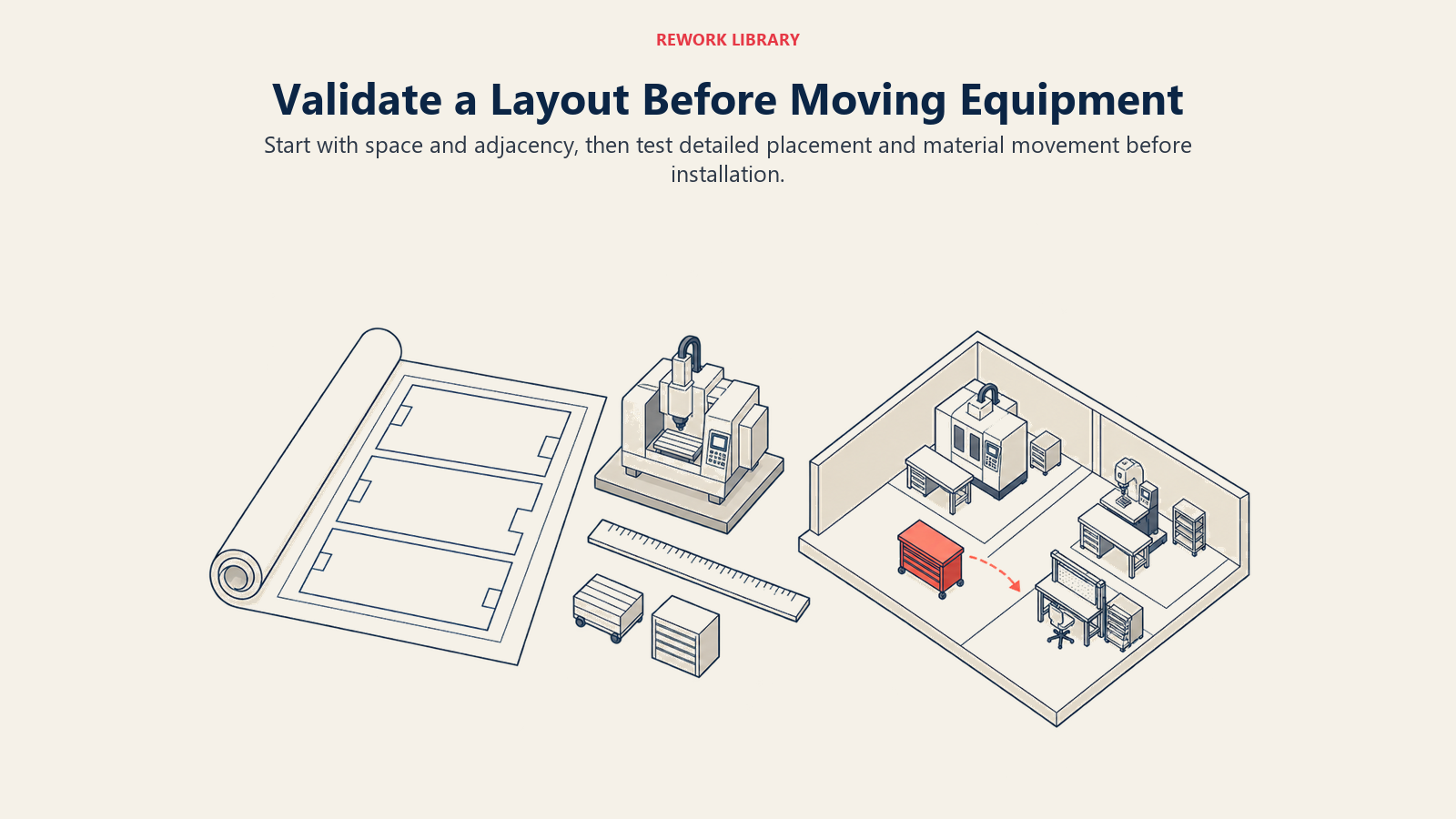 Factory layout validation moves from space zoning to detailed equipment placement and mockup testing