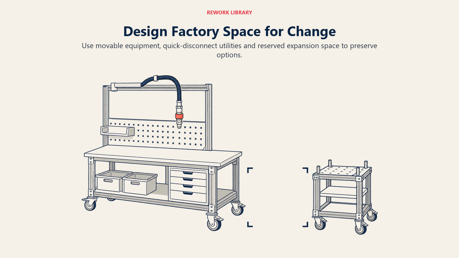 Reconfigurable factory workbench uses locking casters, a quick disconnect and reserved expansion space