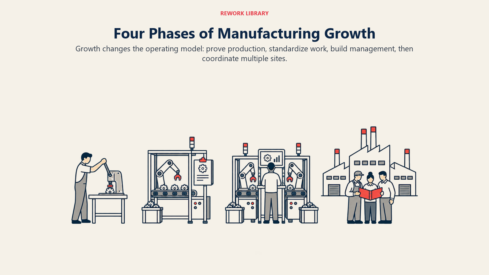 Four manufacturing growth phases from a founder workbench to coordinated multi-site operations
