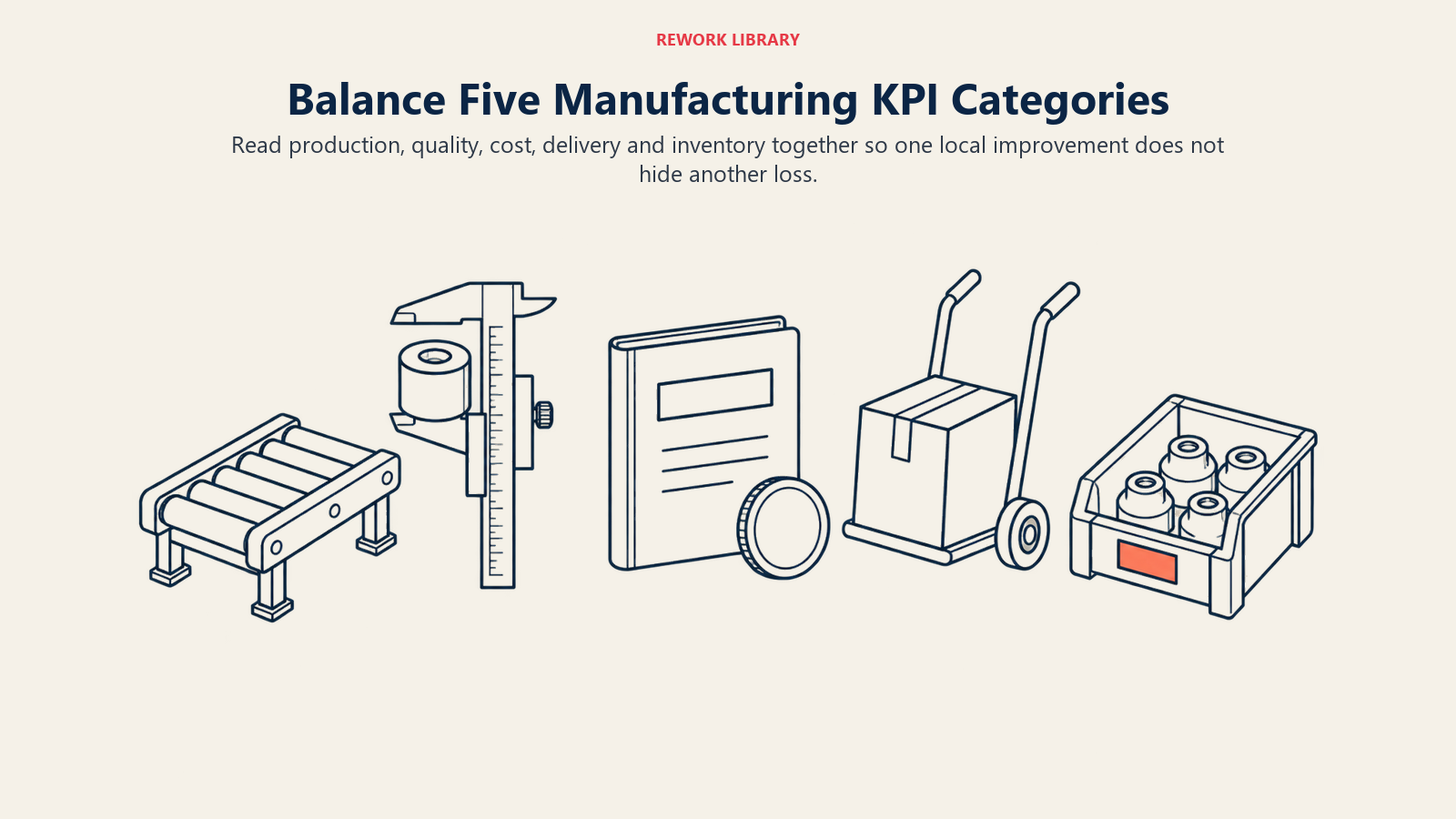 Five manufacturing KPI categories represented by production, inspection, cost, dispatch and inventory objects