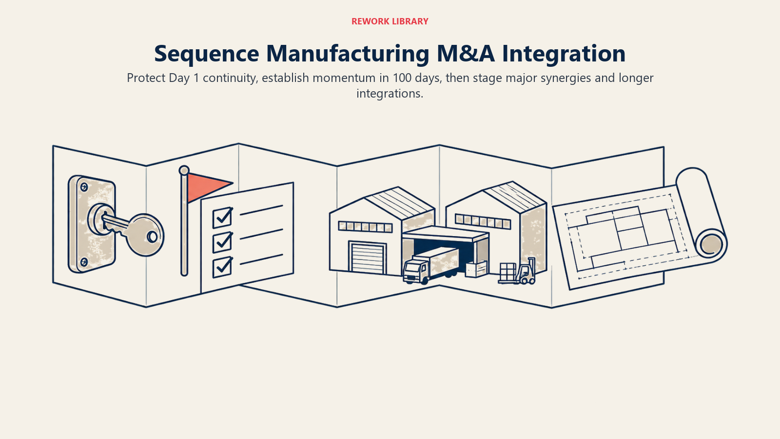 Four integration planning horizons from Day 1 continuity through longer-term manufacturing changes