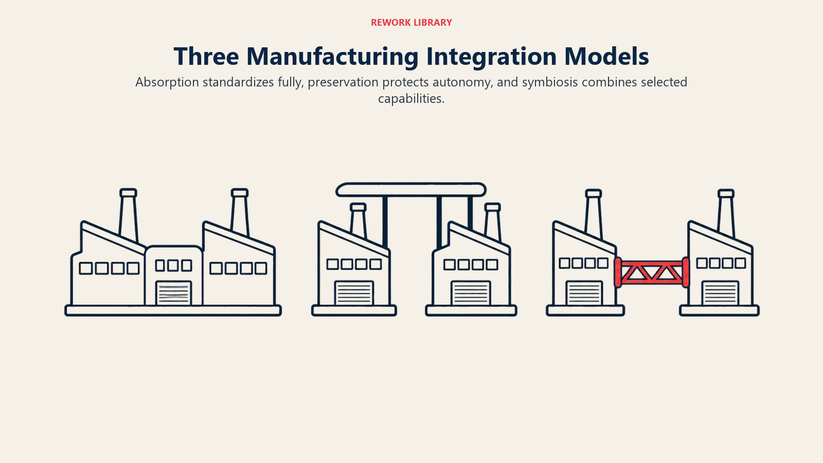 Absorption, preservation and symbiosis shown as fully joined, separate and selectively linked factory modules