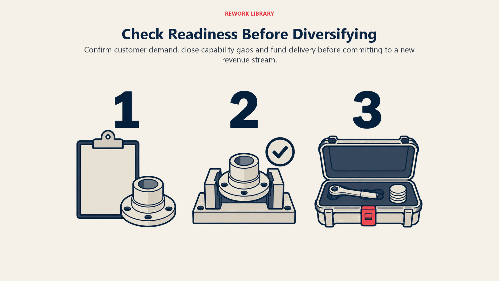 Three diversification readiness checks represented by a customer request, a qualified tool fixture and a funded resource case