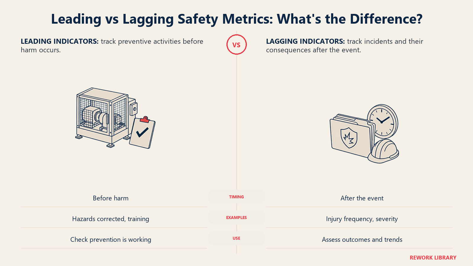 Leading safety indicators represented by a guard inspection and lagging indicators by an incident record with a clock