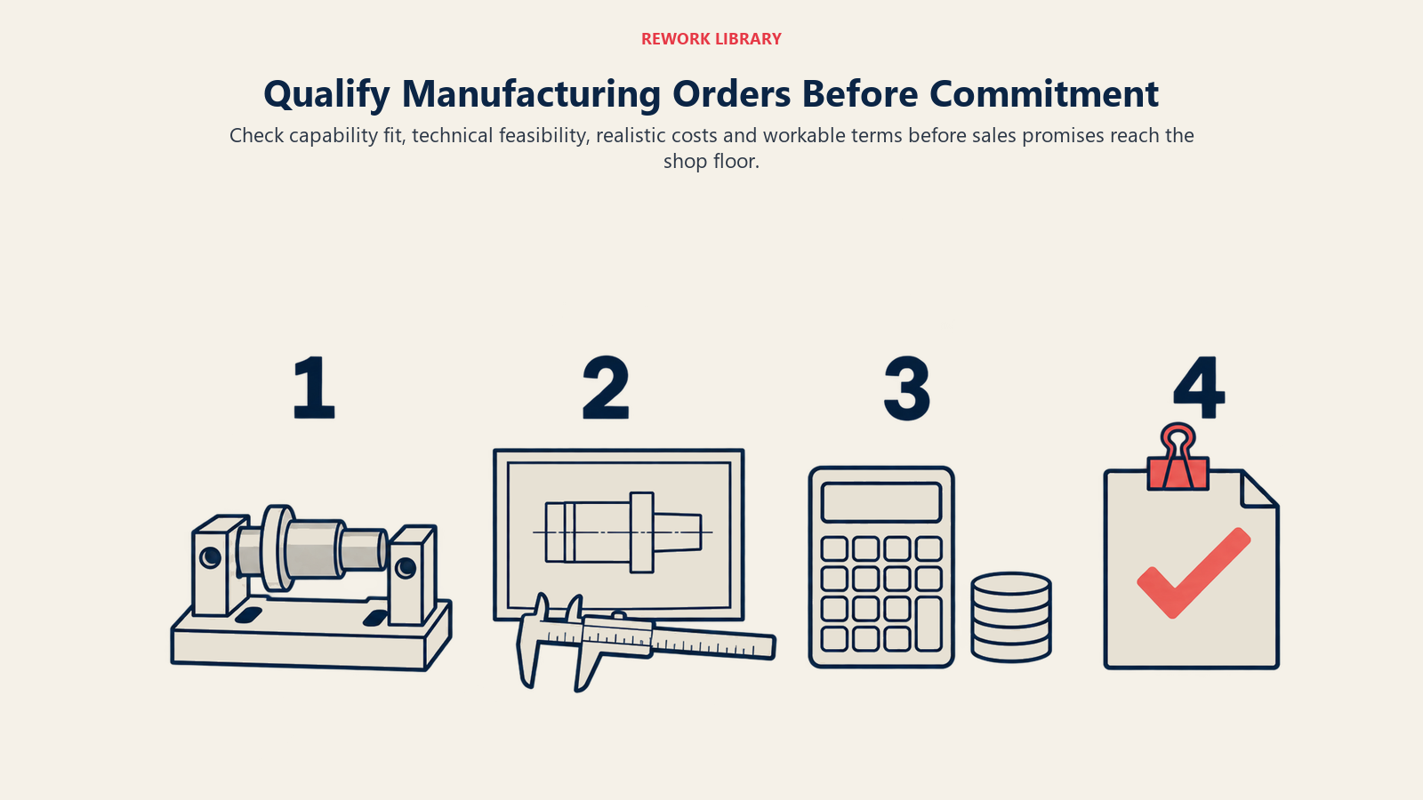 Manufacturing order qualification checkpoints for fit, technical feasibility, cost and contract approval