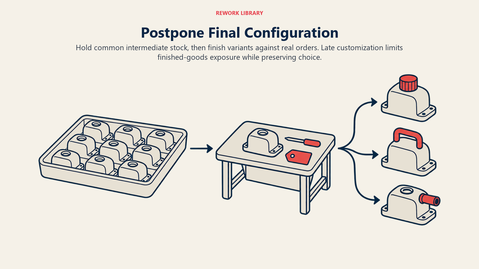 Common intermediate housings pass a finishing station and become three different final configurations after demand is known