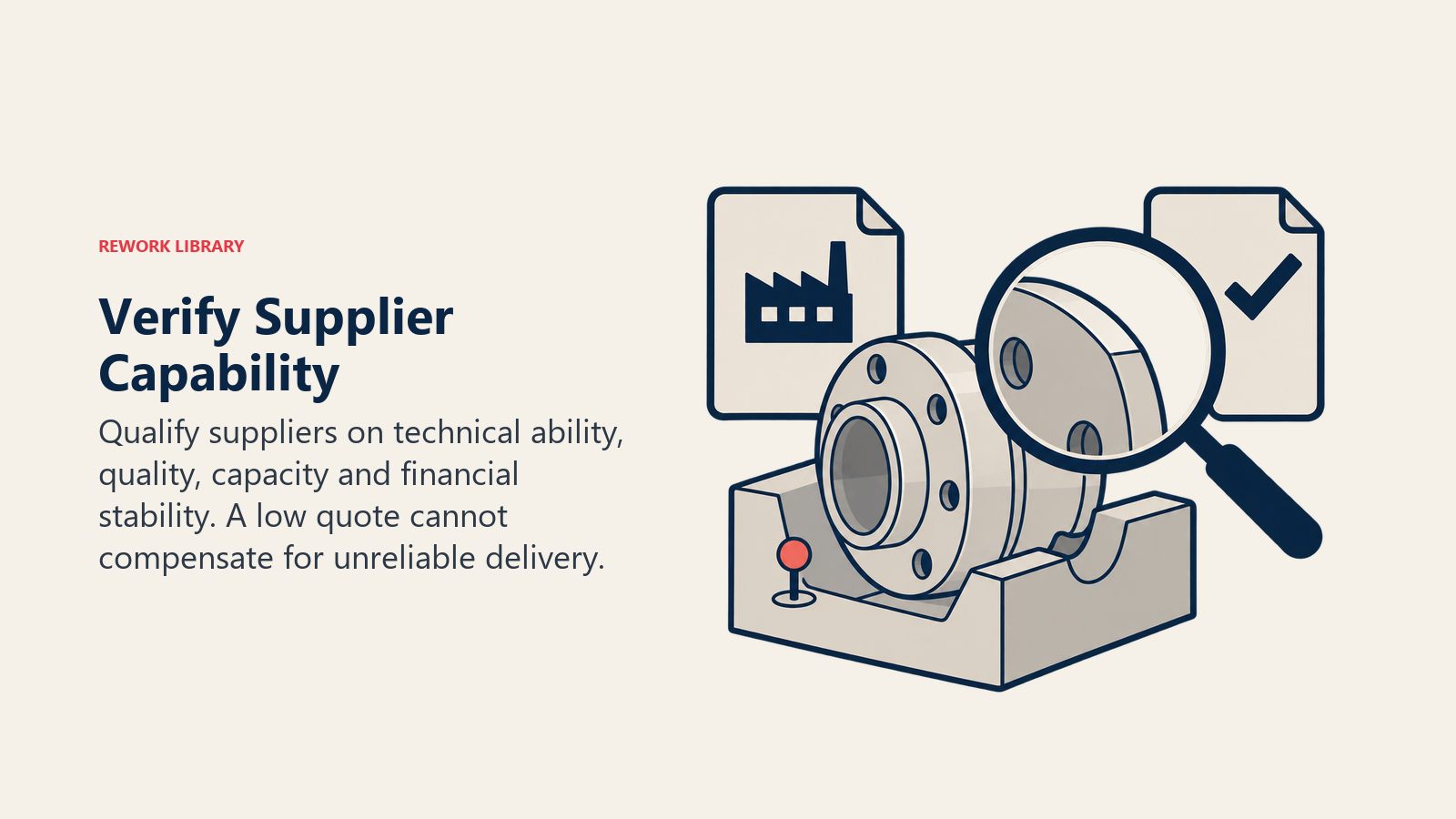 A supplier sample inspected through a lens alongside verified evidence records and a factory stamp