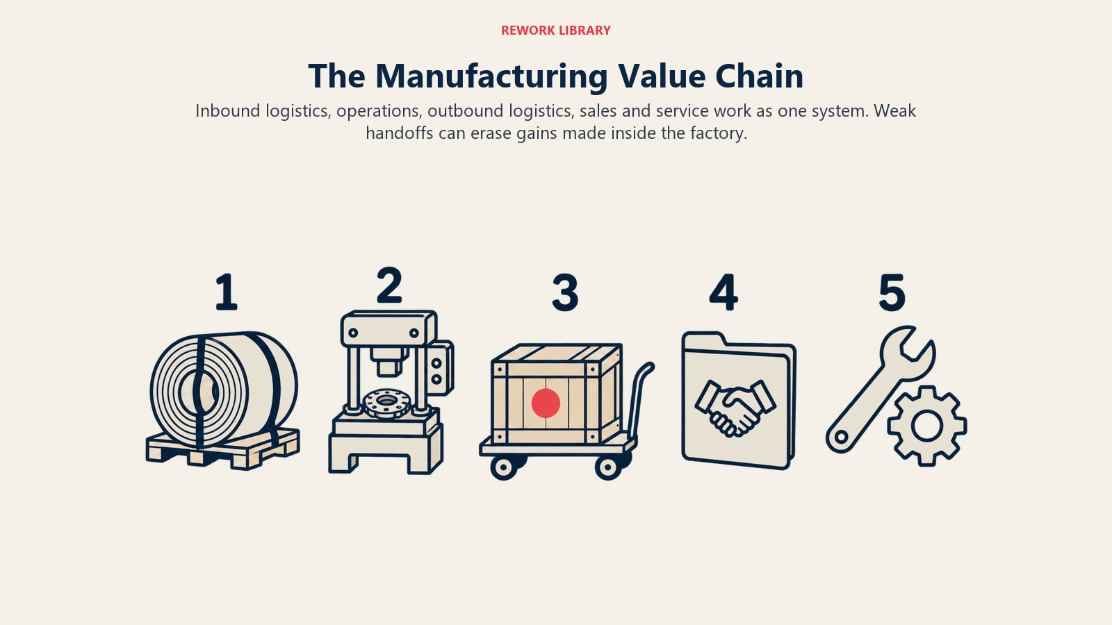 Five manufacturing value chain activities represented by incoming material, production, dispatch, sales and service