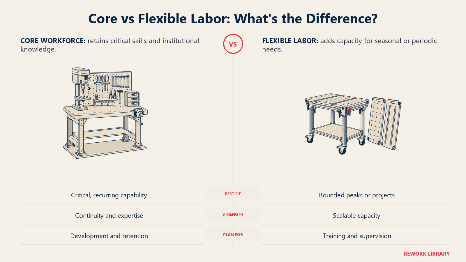 A permanent precision workstation and a mobile modular workbench contrast core workforce capability with flexible capacity