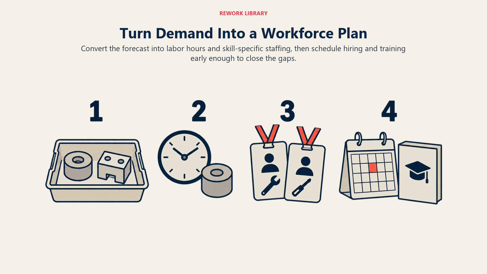 Workforce planning steps convert product demand to labor hours, required skills and a hiring and training calendar