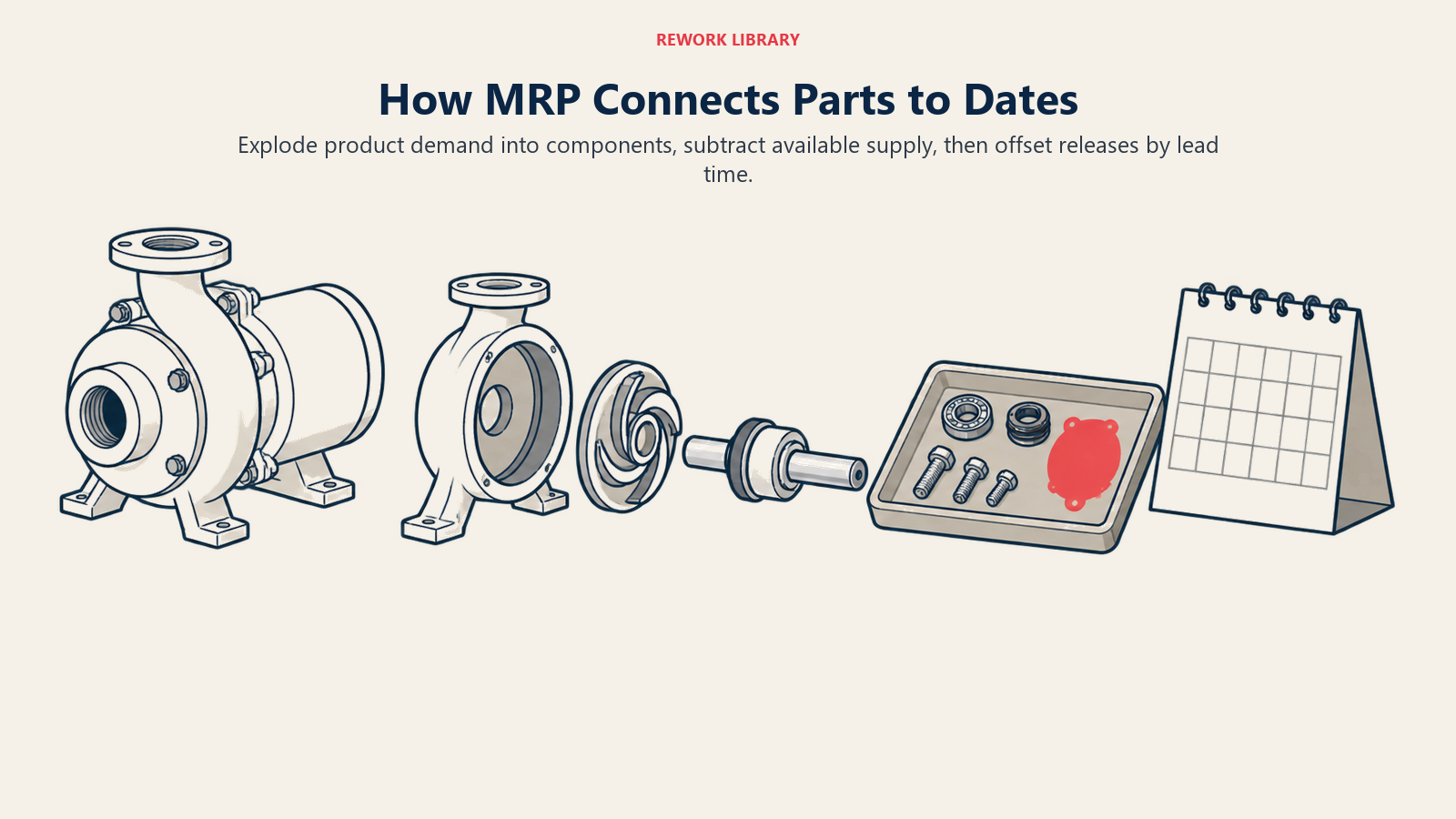 MRP sequence from a finished pump to component requirements and timed supply