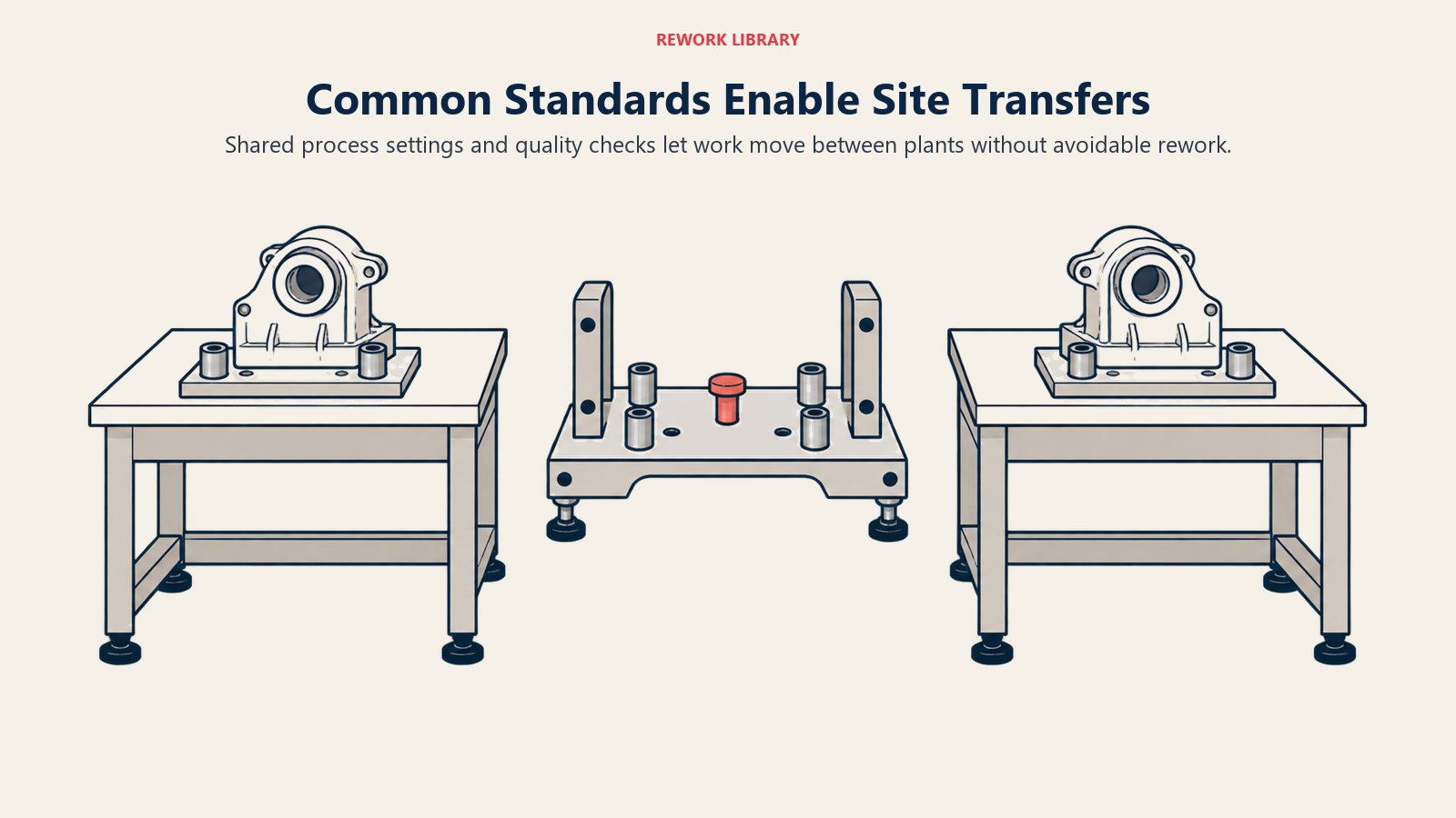 Matching production fixtures allow work to transfer between manufacturing sites