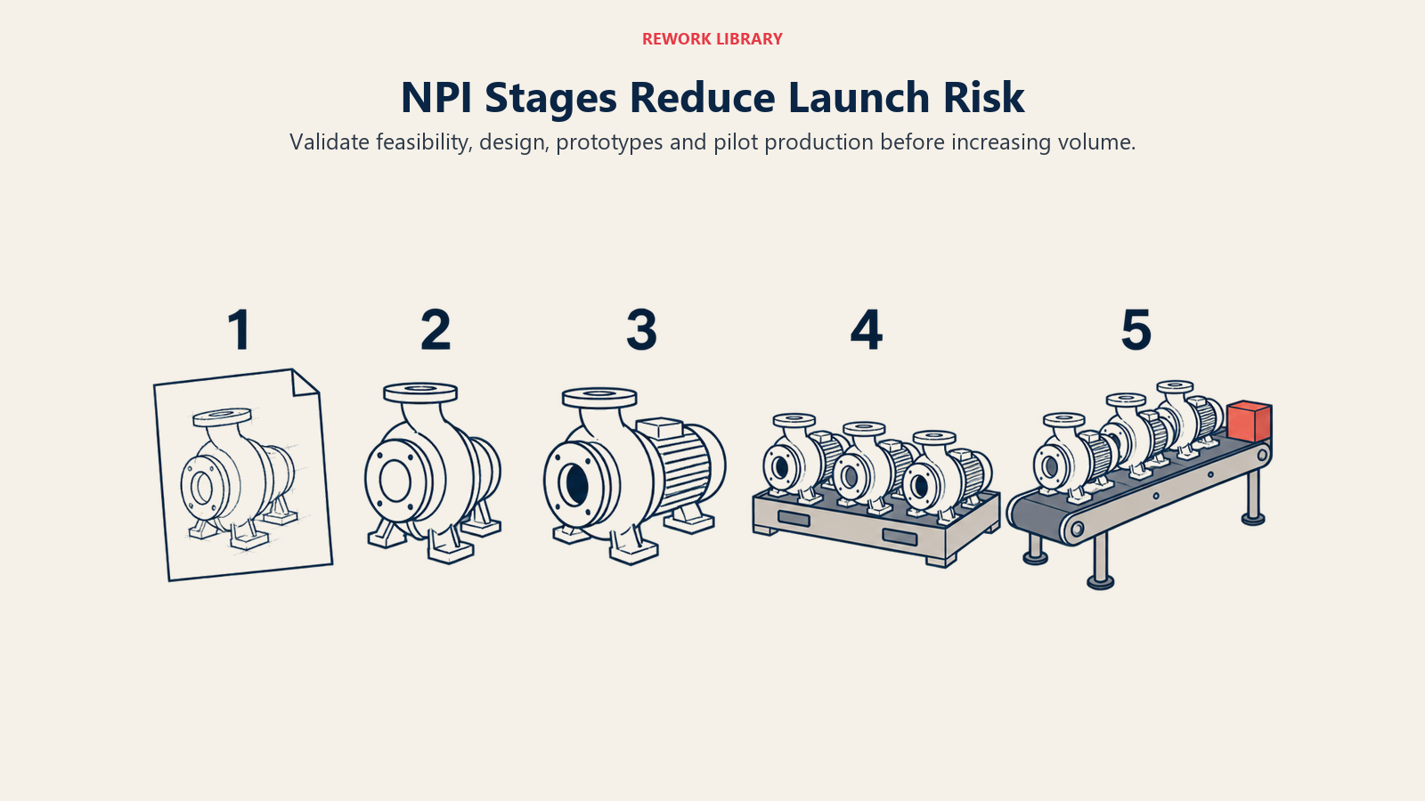 Five NPI validation stages from concept sketch through pilot and production ramp