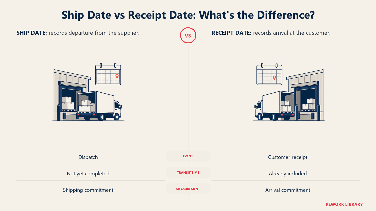 Matched dispatch and arrival scenes distinguish ship-date and receipt-date measurements