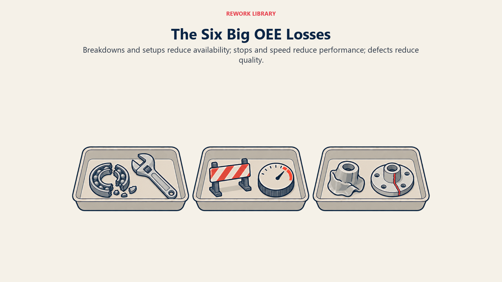 The Six Big OEE Losses: Six loss objects are paired by availability, performance and quality.