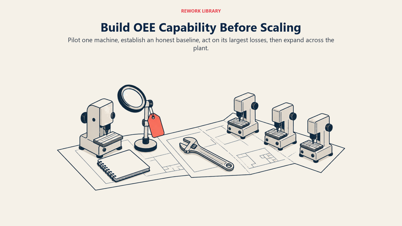 Build OEE Capability Before Scaling: A single inspected pilot expands into a small fleet only after measurement and improvement.