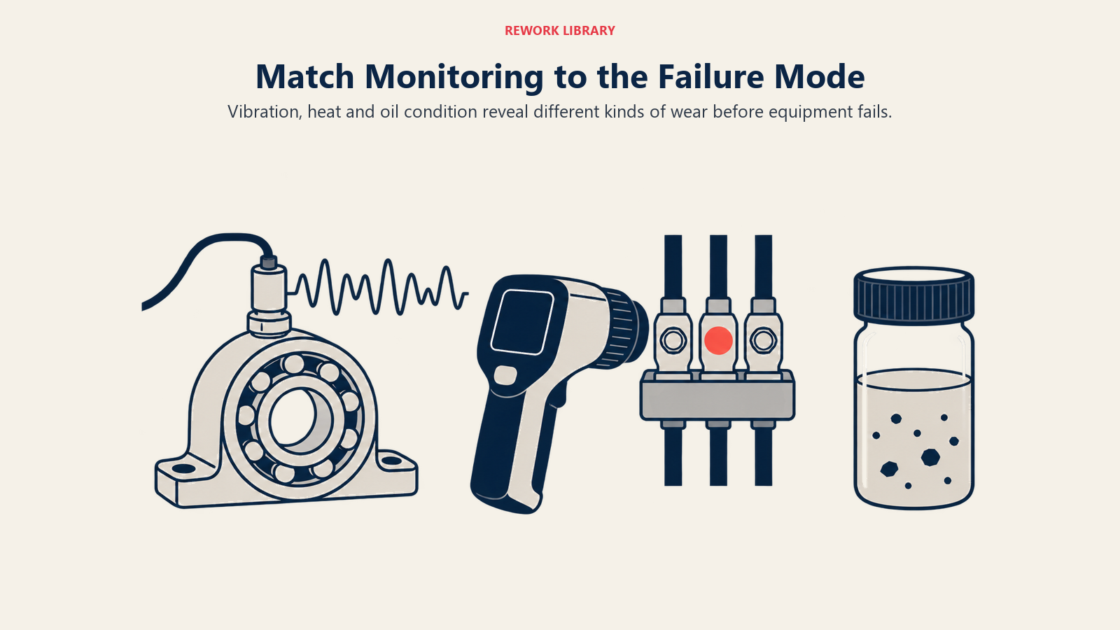 Match Monitoring to the Failure Mode: Bearing vibration, an electrical hot spot and wear particles show three distinct diagnostic signals.