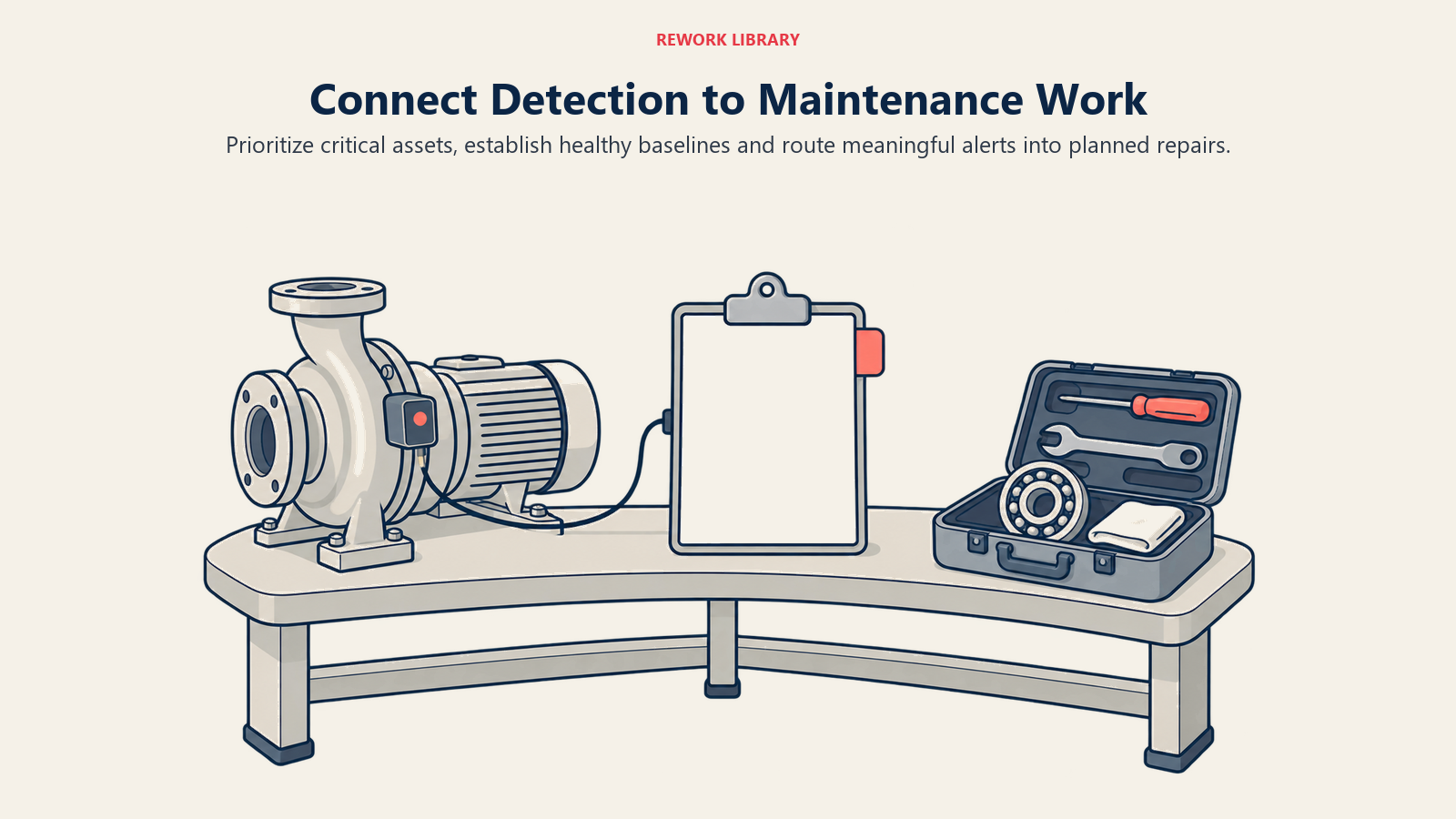 Connect Detection to Maintenance Work: The monitored pump, work order and prepared repair kit make the detection-to-action handoff concrete.