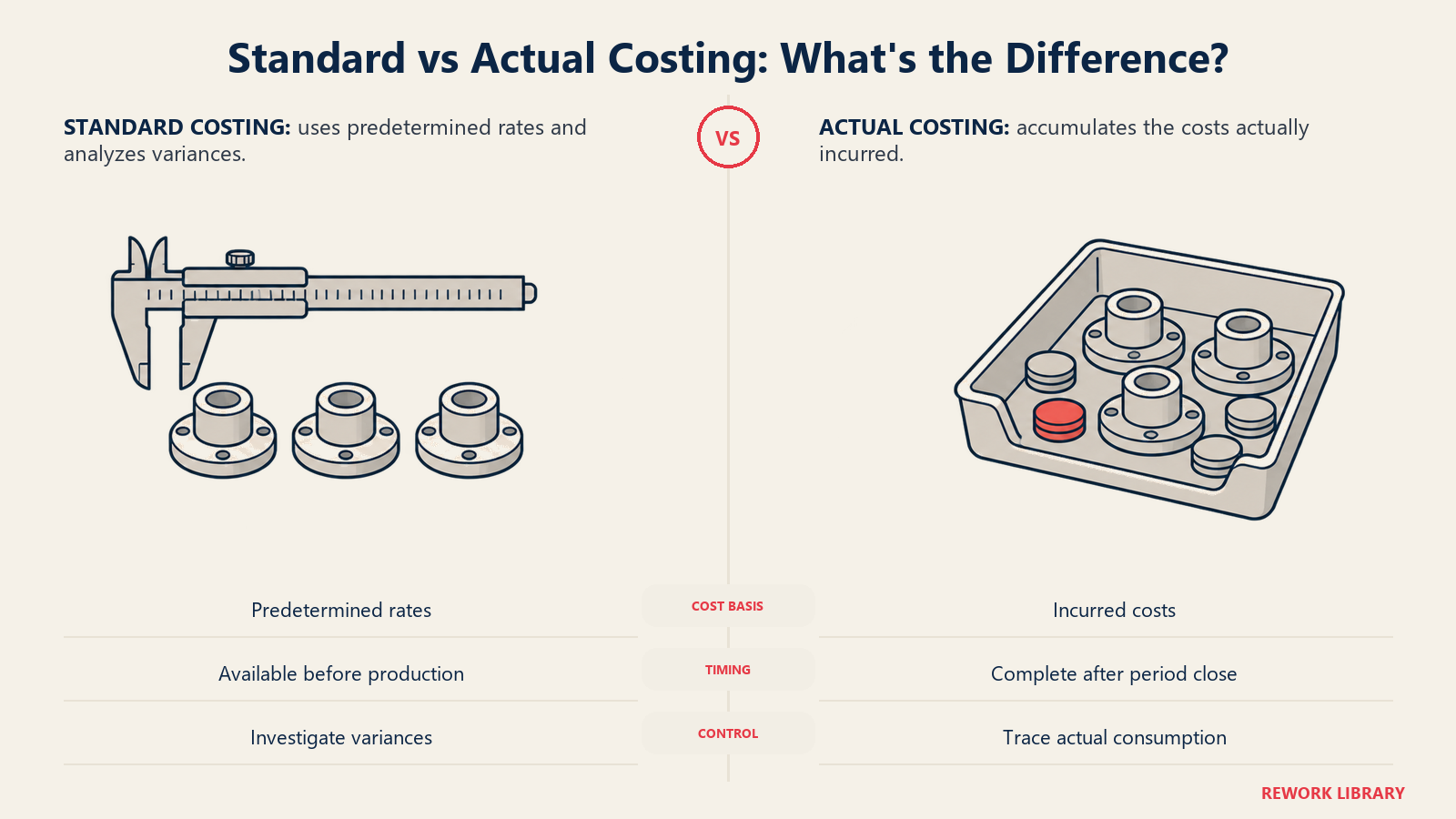 Standard vs Actual Costing: What's the Difference?: A preset template and an actual expense tray distinguish expected rates from accumulated costs.