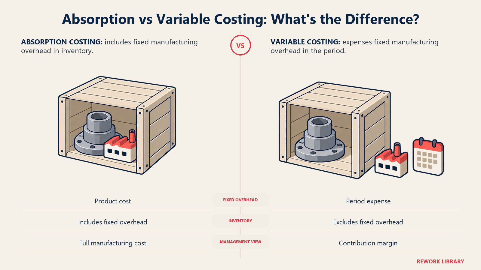 Absorption vs Variable Costing: What's the Difference?: The factory-overhead token is inside inventory on one side and outside as a period expense on the other.
