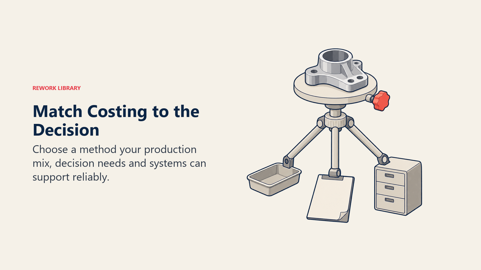 Match Costing to the Decision: Three supporting legs represent the production environment, decisions and system capability needed for a workable method.