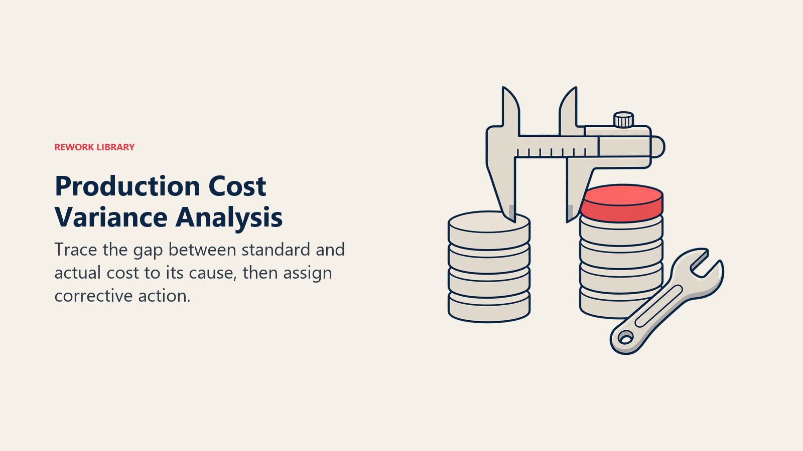 Production Cost Variance Analysis: A measured cost gap beside a wrench connects variance measurement with corrective action.
