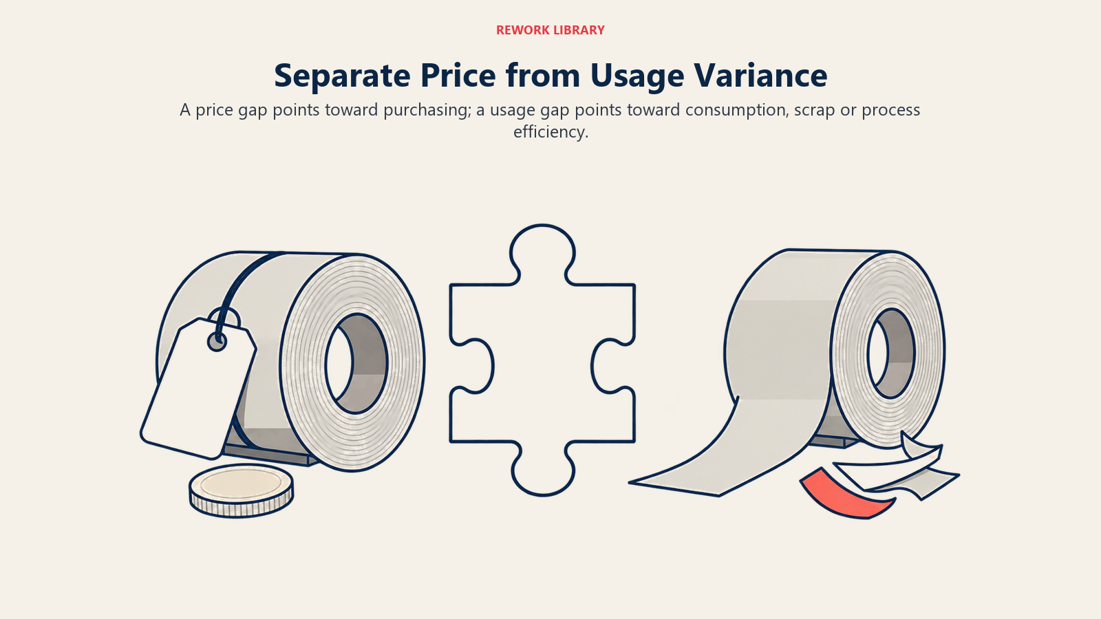 Separate Price from Usage Variance: The tagged material and scrap offcuts distinguish purchase-price causes from consumption causes.