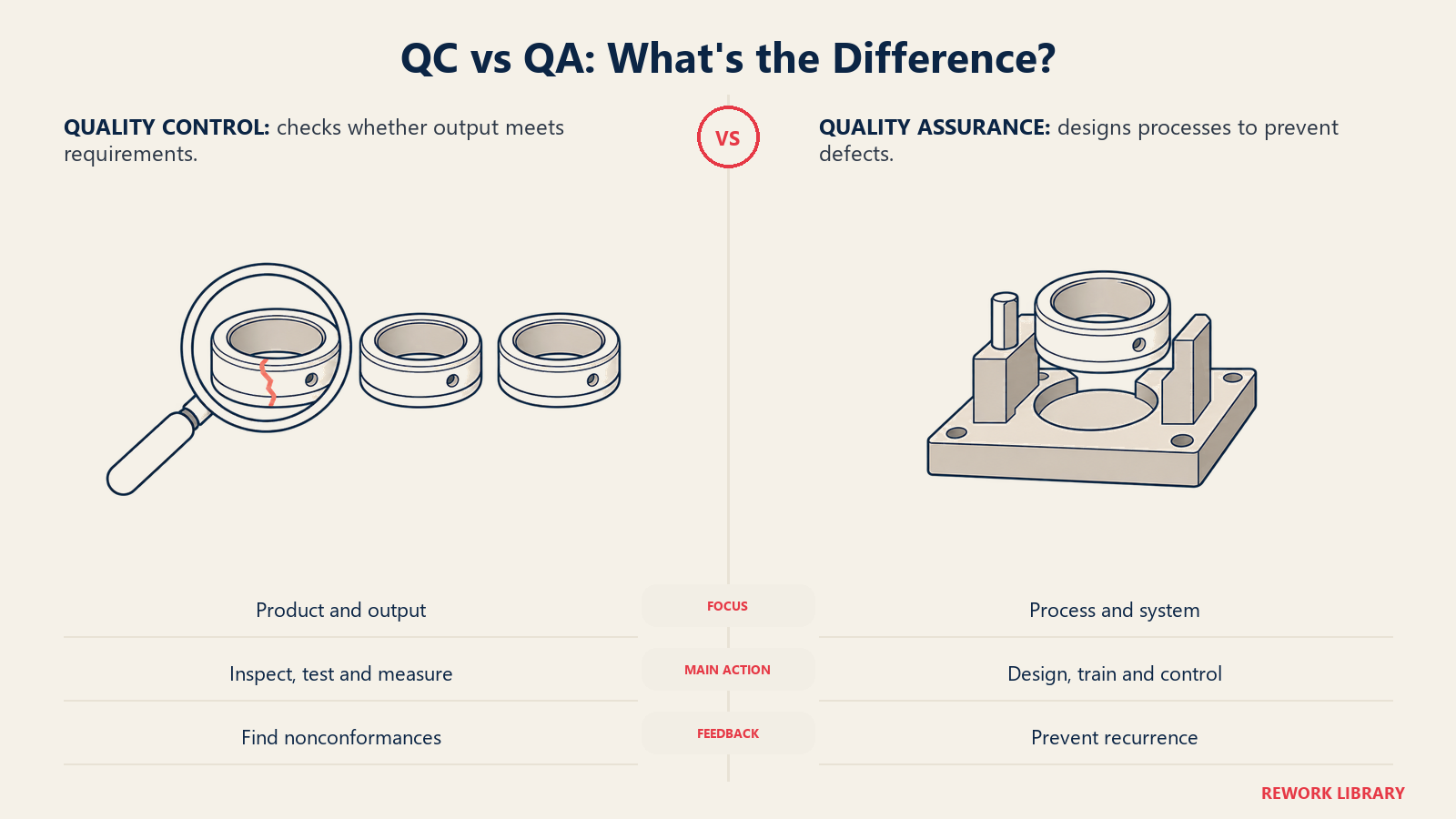 QC vs QA: What's the Difference: Quality control checks output; quality assurance builds processes that prevent defects.