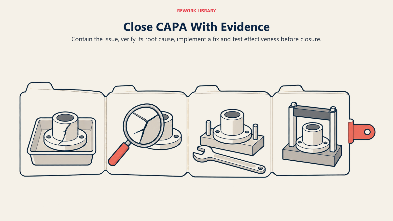 Close CAPA With Evidence: Contain the issue, verify its root cause, implement a fix and test effectiveness before closure.