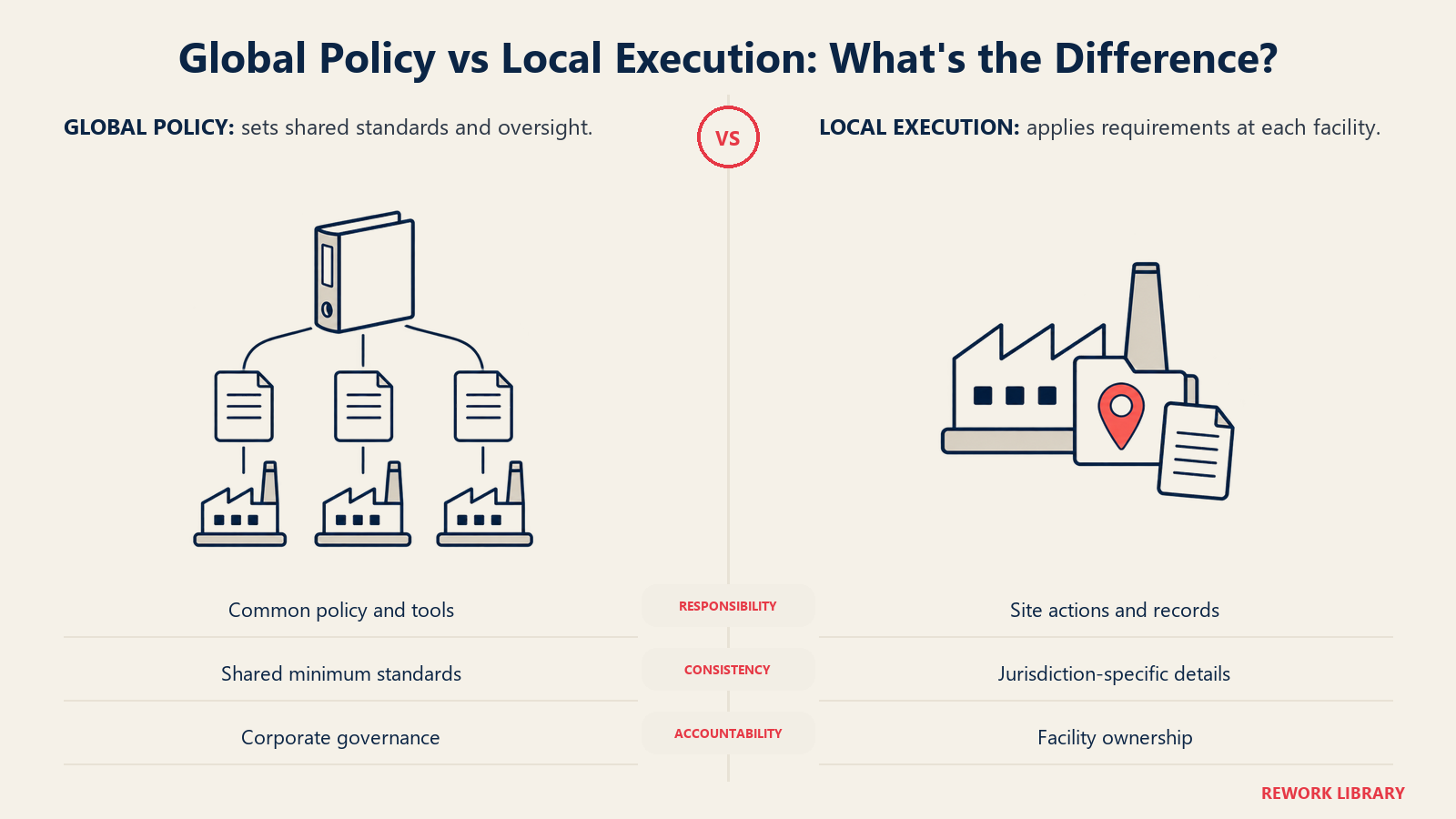 Global Policy vs Local Execution: What's the Difference: Shared standards provide consistency; local teams apply jurisdiction-specific requirements.
