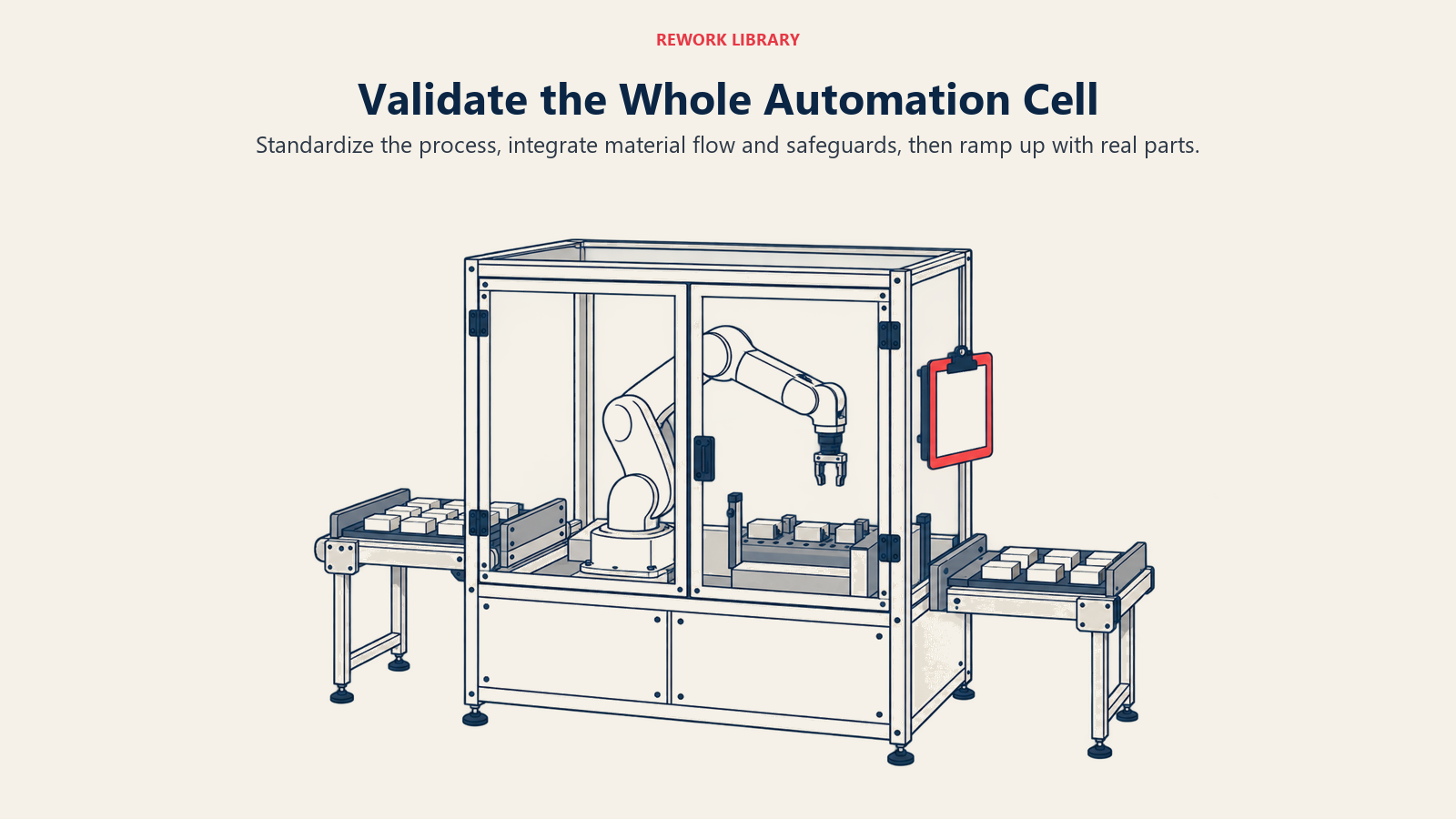 Validate the Whole Automation Cell: Standardize the process, integrate material flow and safeguards, then ramp up with real parts.